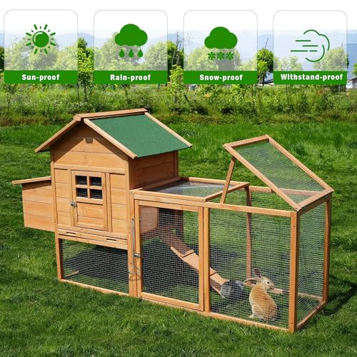 80" Large Chicken Coop, Waterproof Outdoor Hen House for 2-4 Chickens, Wooden Chicken House with Nesting Box, Removable Tray, PVC Cover, Run, for Garden Backyard Cage - size: 80.8"L