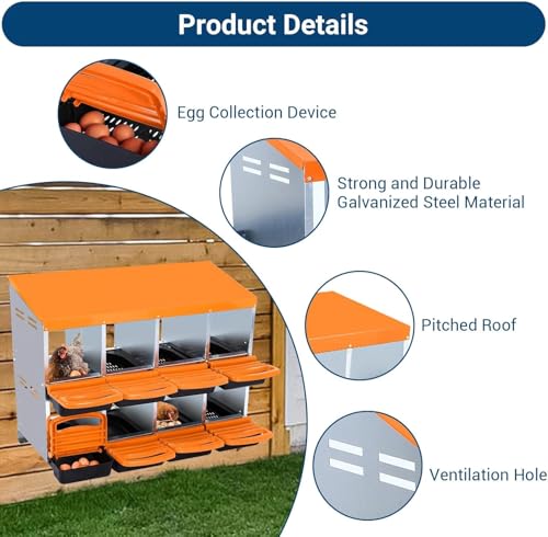 Chicken Nesting Box, 8 Hole 2 Layer Hen Nest Boxes, Roll-Away Egg Collection System with Ventilation Holes,Rustproof Plastic Tray & Keyhole Mounting, Chicken Laying Box - color: Orange, size: 8 holes