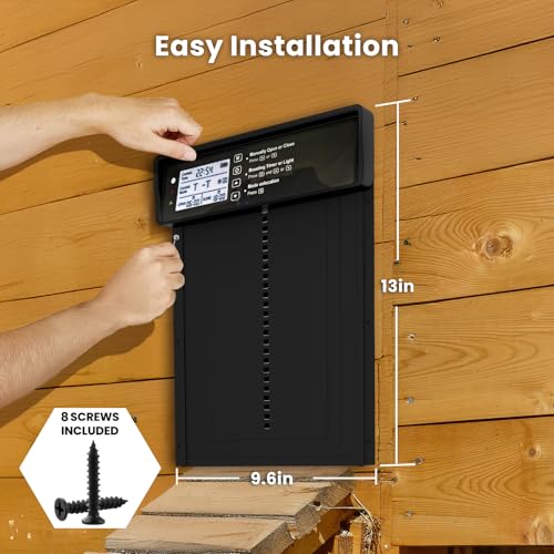 Automatic Chicken Coop Door - Auto Chicken Coop Door with Timer, Sensor, & Remote Control - Smart Poultry Door Opener with Durable Construction - Chicken Coop Supplies & Accessories - Black