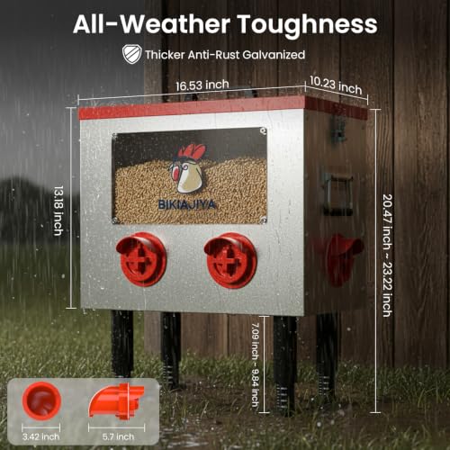 BIKIAJIYA Automatic Chicken Feeder, 55LB Large Capacity, Viewing Window Anti-Waste Rust-Proof Alloy Steel, 6 Feeding Ports, Waterproof & Rodent Proof, Adjustable Legs & Locking Lid for Chickens, Ducks