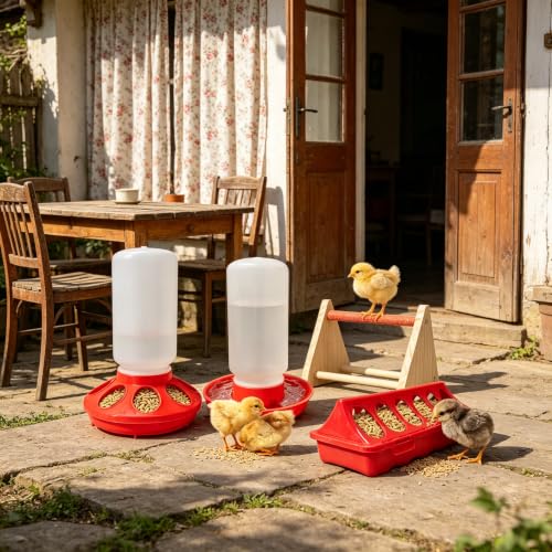 2026 New Chick Feeder and Waterer Starter Kit with Roost Bar,4-Piece Baby Chick Supplies Set with 2 Trough Feeders and No-Leak Water Dispenser for Chicks,Quail,Ducklings,and Small Poultry Brooder