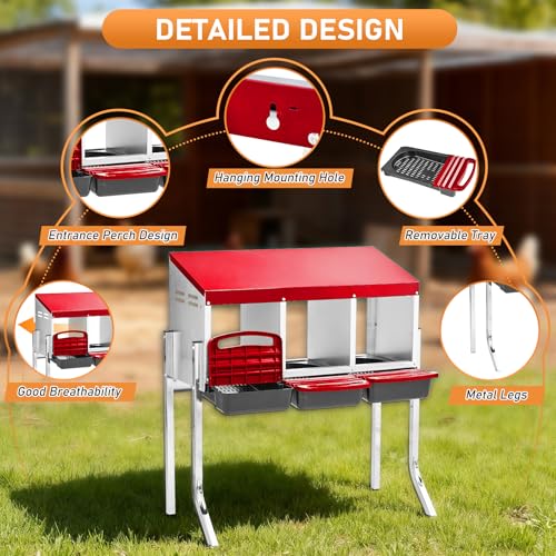Outvita Chicken Nesting Boxes, 3 Compartments Metal Nesting Boxes for Chickens with Metal Legs, Wall/Floor Mount for Laying Eggs with Swing Perch and Roll Away Egg Collection for Chicken Coop, Red