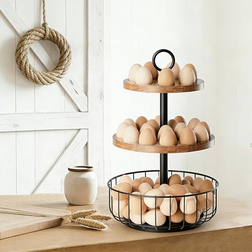 3-Tier 360° Rotating Egg Holder with 24+40 Egg Capacity - Rustic Farmhouse Kitchen Counter Organizer, Tiered Egg Storage Rack with Ventilated Wooden Trays & Metal Basket for Easter Eggs, Fresh Eggs - size: 360° Rotating