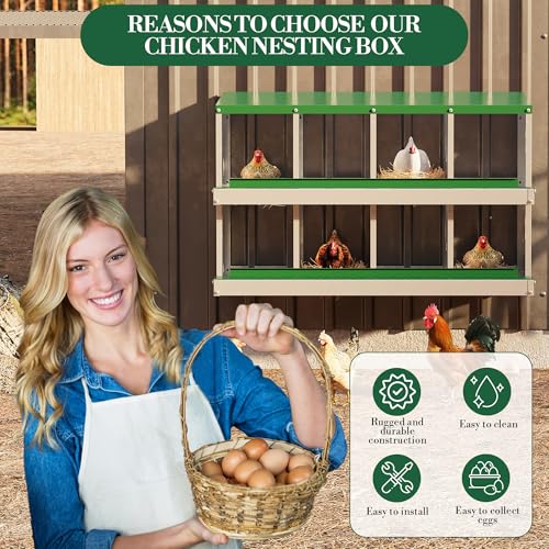 Chicken Nesting Box,8 Holes Galvanized Steel Metal Chicken Laying Box with Automatic Roll-Away Egg Collection System & Removable Tray,Wall Mount Nesting Boxes - color: Green, size: 8 Holes