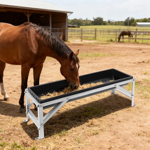 Livestock Feed Trough 9.25Gal, Long Large Capacity Feeder with Stand for Goat Sheep Pig Horse, Heavy Duty Galvanized Frame Hay Feeder, 40.55 x 12.99 x 14.37 inch (Black) - color: Black