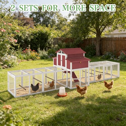 Gowoodhut 195.48" L 2-Story Chicken Coop with Extra Run Cage,Chicken House Hen House with 2 Large Nesting Boxes,Expandable Poultry Cage for 6-8 Chicken with 8 Perching Bars,Pull-Out Tray,Ramps(RED) - size: 195.5"L x 56.3"W x 52.8"H