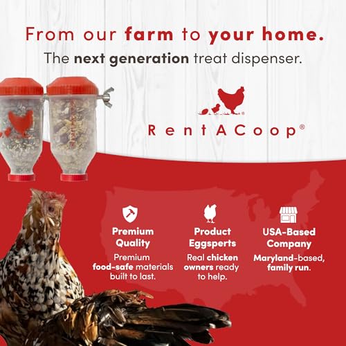 RentACoop Chicken Treat 4 Tube Dispenser – Multi-Treat Enrichment Toy and Boredom Buster for Chickens, Easy Top-Fill, Height Adjustable, Chicken Coop Accessory – Install Indoor or Outdoor - size: Large Clear Tubes