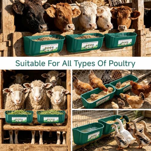 Chicken Feeder Waterer Set, Hanging Fence Feed Trough for Livestock Poultry, Waterer Bucket for Hens Gooses Goat Sheep Deer Duck ( 2 * 2.7 Quart ) - color: Green