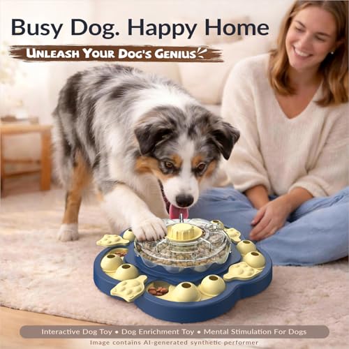 KADTC Dog Puzzle Toy, 3 Levels of Step-by-Step Challenge, Spin to Release Treat Dispenser, Slow Feeder & Mental Stimulation Enrichment Toy for Small Medium Large Dogs - color: Sunflower Blue