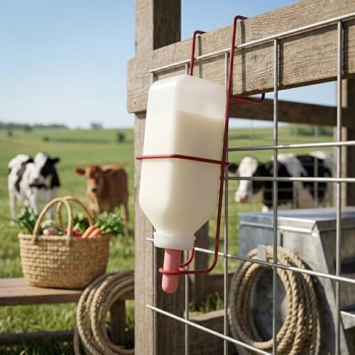 FarmTek Nursing Bottle Holder w/ 2-Quart Bottle – Powder-Coated | Heavy-Duty Steel Bracket, Secure Rail Mount, Durable 2-Quart Capacity, Easy Feed Access, Livestok Nursing