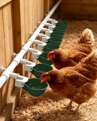 Chicken Waterer Cups (16 Pack) with 3/8" Drill Bit - Green | Automatic Poultry Drinker Feeder Kit for Chickens, Ducks, Turkeys, Quail, Bunnies | DIY Gravity Fed Bucket Water Dispenser - color: Green, size: 16 Pack + Drill bit