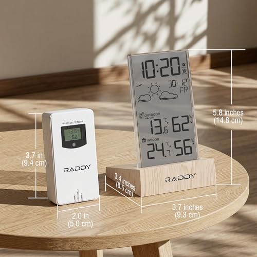 Raddy V5 Wireless Weather Station, Indoor Outdoor Thermometer & Hygrometer, Battery Powered Temperature Humidity Monitor, 5.0" LCD Display, 12-Hour Forecast, Frost Alert, Remote Sensor