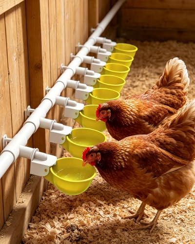 Chicken Waterer Cups (8 Pack) with 3/8" Drill Bit - Yellow | Automatic Poultry Drinker Feeder Kit for Chickens, Ducks, Turkeys, Quail, Bunnies | DIY Gravity Fed Bucket Water Dispenser - color: Yellow, size: 8 Pack + Drill bit