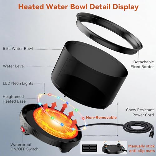 5.5L Heated Water Bowl, 1.45Gal Winter Large Heated Dog Bowls for Outside, Outdoor Waterproof Heat Pet Water Bowl with Chew Resistant Power Cord & LED Neon for Dogs/Cats/Chickens/Ducks