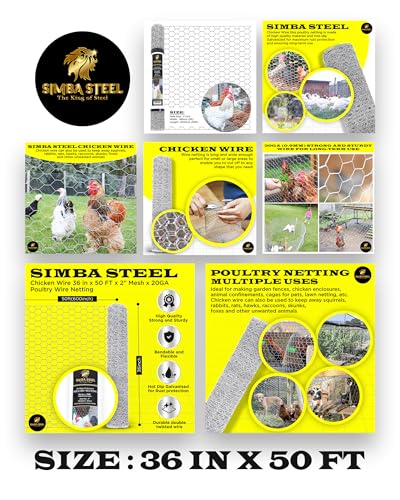 Chicken Wire 36 in x 50 FT x 2” Mesh x 20GA | Poultry Wire Netting | Hot Dipped Galvanised | Hexagonal Galvanized Mesh for Chicken Coop, Rabbit Cage, Fence Barrier PM36x50x2 - style: 36 in x 50 FT x 2 in