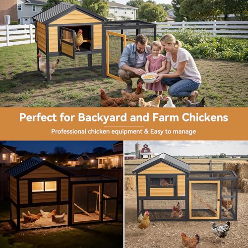 PETSFIT Wooden Chicken Coop with 71" Run for 4-6 Chickens, Predator-Proof Backyard Hen House with 6 Ground Anchors, 3 Nesting Boxes, 3 Perches & Chicken Swing, Waterproof PVC Roof, 3-Door Easy Clean