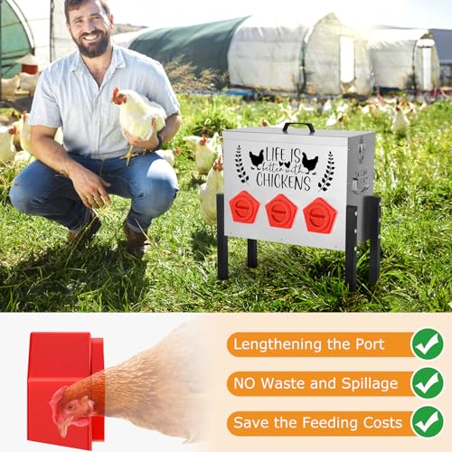 Tgeyd 30 lb Large Capacity Automatic Chicken Feed Box with 6 Upgraded House-Shaped Flow Ports, Heavy-Duty Outdoor Metal Feeder with Adjustable Height & Locking Lid - color: Cockscomb Red