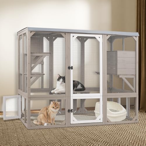 Ketive Catio Outdoor Cat Enclosure, Wooden Cat Catio, Large Weatherproof Cats House with Multiple Platforms and 1 Resting Boxes for Multiple Cats - size: 59" L x 27.5" W x 47.2" H