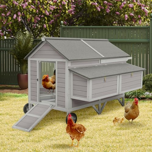 Aivituvin Chicken Coop Mobile Outdoor Hen House with Large Wheels Durable Wooden Poultry Cage with 2 Nesting Box for 3-8 Chickens 68.1’’ (68.11'' × 53.94'' × 49.02'') - size: 68.11"L x 53.94"W x 49.02"H