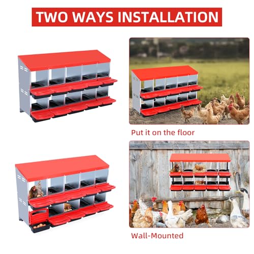 Chicken Nesting Box 10-Compartment – Roll Away Laying Boxes for Hens with Lid Cover & Egg Protection – Heavy Duty Red Poultry Nest Box