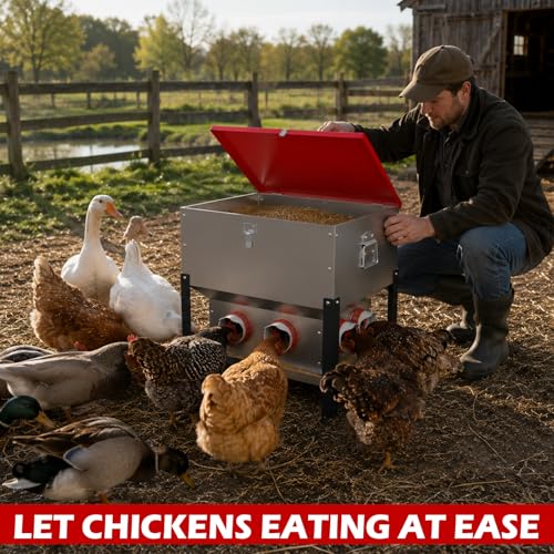 75LB Large Automatic Chicken Feeder with 8 Ports, Dual No Waste Design Metal Chicken Feeders with Locking Lid & Riveted Handles- Waterproof Poultry Feeder for Chickens, Ducks, Geese - size: 8 Ports