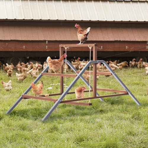 PETSFIT Chicken Perch Ladder-Solid Wood and Rustproof Iron Design, Chicken Ladder with Swing for Healthy Poultry-Ideal for Backyard Coops, Farms, Easy to Assemble and Clean - size: 58"Lx24"Wx28"H