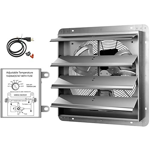 iPower 16 Inch Wall Mounted Shutter Exhaust Fan with Temperature Controller and Power Cord Kit, Aluminum, 1550 RPM, 1200 CFM, for Attic, Garage, Louvered Vent, Plant, Greenhouse, Silver - size: 16 Inch, style: Temp Controller Exhaust Fan(with Power Cord)