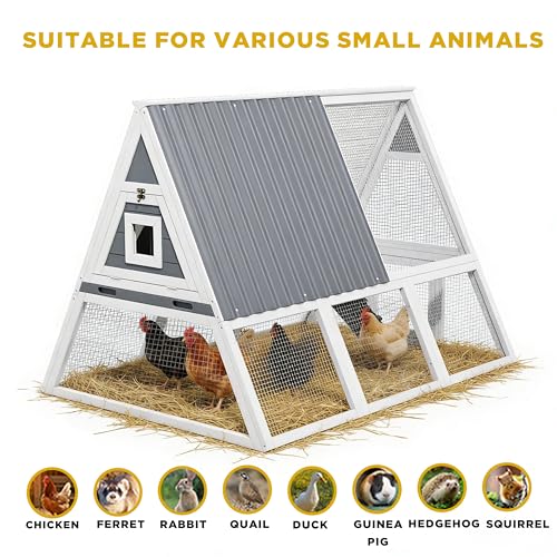 Large Chicken Run Coops with Nesting Boxes Outdoor for 4-6 Chickens Wooden Duck Rabbit Hen House A-Frame Quail Cages with Removable Tray Ramp and Weatherproof Roof for Backyard Outside (White2) - color: White2
