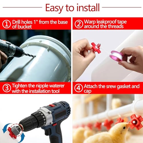 20 Pcs Horizontal Chicken Waterer Nipples with Drill Bits, Leakproof Poultry Watering System for Chicken Coop, Durable ABS Plastic & Stainless Steel, Water Saving Design for Outdoor Use