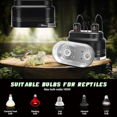 MECESOR Reptile Dual Light Fixture with Dimming Switch and Timer, Deep Dome Reptile Heat Lamp Fixture Double UVB Light Fixture, Double Dome Lamp Fixture for Basking Heat Bulb for Terrariums - style: Timer Switches