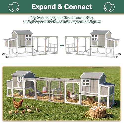 95.3" L Large Chicken Coop with Run, Chicken Tractor Hen House with 3 Nesting Boxes, Wheels, Portable Outdoor Quail Hutch Poultry Cage for 2-4 Chickens with 6 Access, Removable Tray, Ramp - size: 95.3"L x 31.5"W x 44.9"H