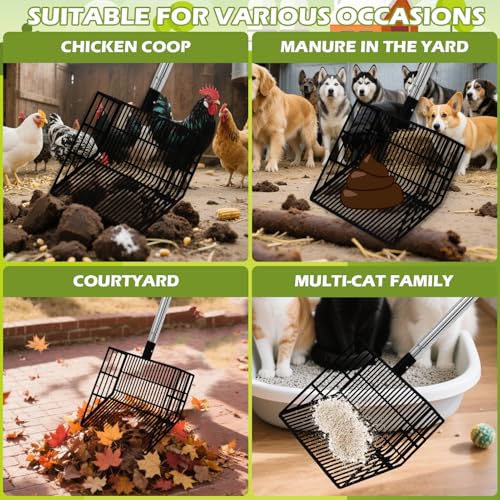 EXPAWLORER Large Chicken Poop Scooper, Adjustable Pet Coop Rake with Stainless Steel Long Handle, Heavy Duty Litter Sifting Sand Sifter Shovel Cleaning Tool Cat Chicken Coop Accessories (22"-68")