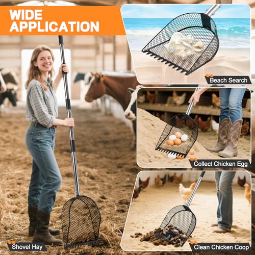 CAROD Metal Chicken Poop Scooper and Rake 2-in-1, Poop Chicken Scoop Sand with Stainless Steel Handle (43-73" Adjustable), Sifter Shovel Chicken Coop Sand Rake for Chicken Coops & Farm Animals - size: medium