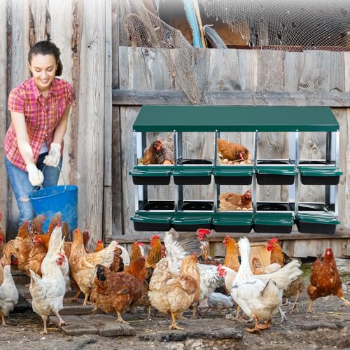 Chicken Nesting Box 10 Compartments - Metal Roll Away Nesting Boxes for Chicken Coop, Egg Collection System, Laying Boxes for Hens with Lid Cover to Protect Eggs, Easy Egg Collection & Clean