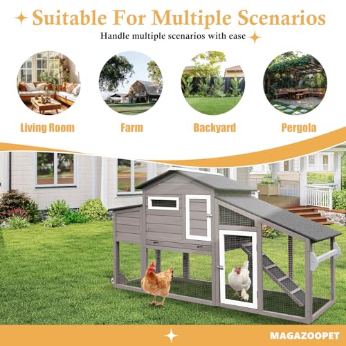 Chicken Coop with Wheels, Weatherproof Outdoor Chicken Hen Houses with Run, 2 Story Wooden Poultry Coops Rabbit Hutch for 2-3 Chickens Bunny with Leakproof Tray, Nesting Boxes, Ramp - color: 79" L Gray