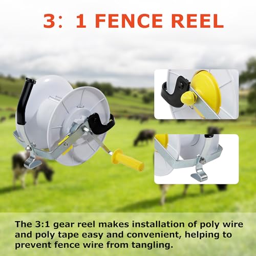 3:1 Geared Reel Prewound Polywire, Electric Fence Wire Reel, with Auxiliary Winding Handle, Plus 1 Free 8 inch Insulgrip, Suitable for Building Farm Electric Fences - size: 1640 ft x 1 standard reel x 1 guide x 1 Handle