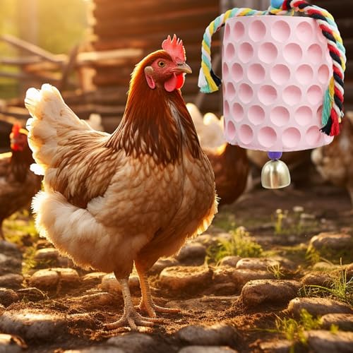 Chicken Coop Accessories, Chicken Beak Grinding Calcium Stone with Bell, Chicken Toys for Coop, Enrichment Toys for Hens, Ducks, Geese, Turkeys, Poultry - color: Pink
