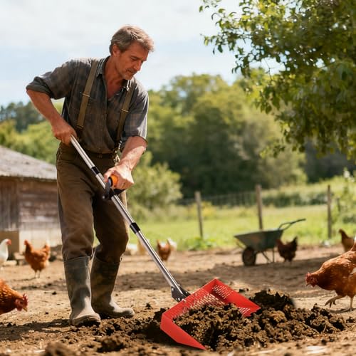 Chicken Poop Scooper for Sand & Rake 2-in-1, Metal Chicken coop Scoop with 35 to 76" Adjustable Aluminum Alloy Handle, Litter Scooper Sand Sifting Shovel Chicken Coops/Animals House