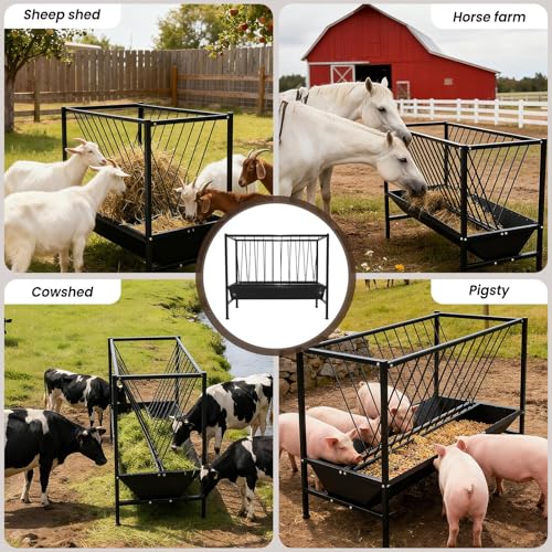 Heavy Duty 2-in-1 Pasture Hay Feeder, Livestock Feeder 70 Gallon, Galvanized Metal Goat Feeder with 2 Trays, Hay Grain Livestock Feeder for Sheep, Calf, Cow and Horse - color: Black Carbon Steel