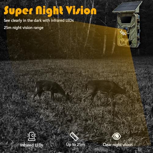 Solar Trail Camera WiFi Bluetooth - 5K 60MP Game Camera with 5200mAh Battery, Rechargeable Trail Cam with 64GB SD Card, Wildlife Cameras Deer Cams for Outdoor Backyard