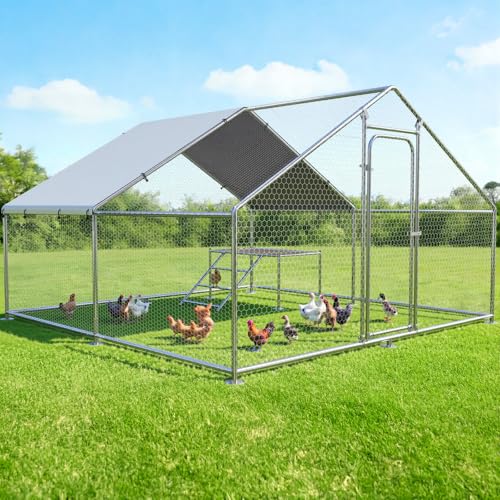 Large Metal Chicken Coop with Roosting Ladder, UV-Resistant and Waterproof Cover, Outdoor Walk-in Cage Hen House for Yard Farm Rabbit Duck Chicken Run, Spire Roof (13.1'W x 9.8'L x 6.4'H) - size: 157.5"L x 118.0"W x 78.0"H
