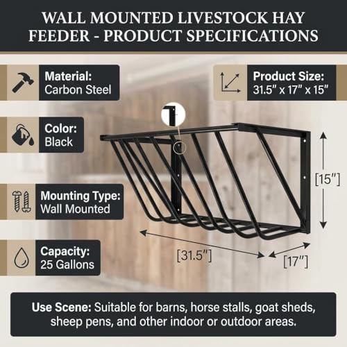31'' Hay Feeder for Horses, 25 Gallon Wall Mount Metal Hay Feeder, Heavy Duty Corner Hay Rack with Easy Install for Goat, Sheep, Livestock Feeders, Indoor/Outdoor Use