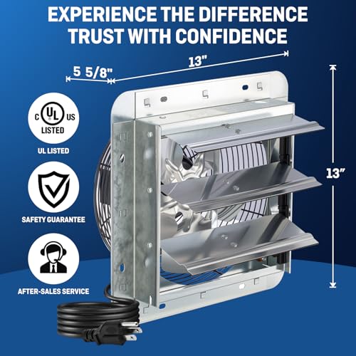 iLiving 10" Wall Mounted Shutter Exhaust Fan, Automatic Shutter, with Thermostat and Variable Speed controller, 65W, 820 CFM, 1200 SQF Coverage Area Silver (ILG8SF10V-ST) - style: Plugin Thermostat & Speed Controller