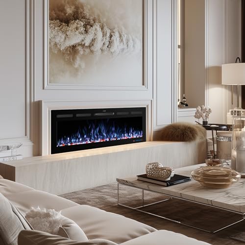 72" WiFi Electric Fireplace, Recessed and Wall Mounted Fireplace Heater, 13 Flame & Fuel Bed Colors, 5 Brightness, Thermostat, Timer, App and Remote Control, 750/1500W - size: 72" WiFi