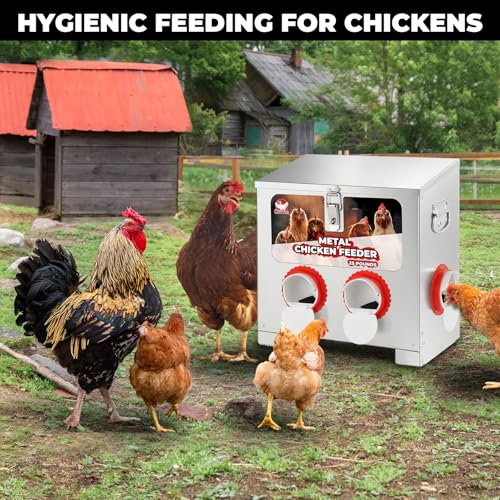 25 lbs 4-Port Automatic Chicken Feeder Box with Locking Lid&Riveted Handles,Chicken Feeder No Waste, Adjustable Legs for Chickens, Poultry Coop,Large Capacity Rainproof Metal Chicken Feeders - size: 25LBS
