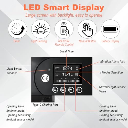 Automatic Chicken Coop Door Solar Powered with Remote Control, Auto Chicken Door with Timer & Light Sensor, Anti-Pinch Safety, Waterproof Aluminum Chicken Door with LED Display