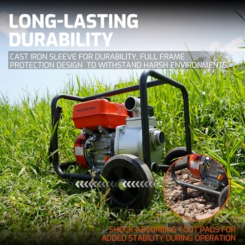 NOVUS 2-Inch Semi Trash Pump with Foldable Handle and Wheels, 212cc 4 Cycle Engine, 50ft Discharge Hose, 12ft Suction Hose with Quick Cam Lock Coupler,Gas Powered Irrigation Water Pump, EPA Certified - size: 2 Inch with Hose and Wheel