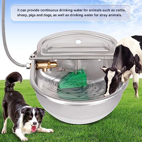 1 Gal Extra Large Automatic Horse Waterer Stainless Steel Dog Water Bowl Dispenser with Brass Float Valve Auto Fill Livestock Water Trough for Dogs Chicken Farm Animal