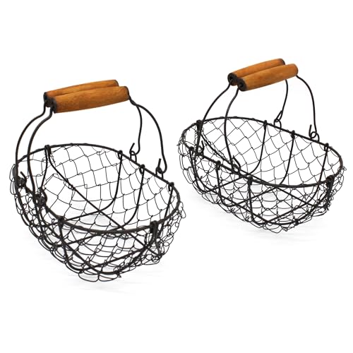 Oval Egg Baskets Metal Chicken Wire Egg Holder Countertop Egg Collecting Basket with Wooden Handle, Egg Basket for Gathering Fresh Eggs, Rusty, Set of 2