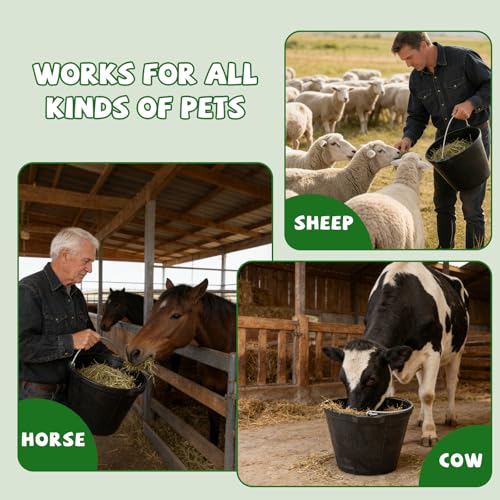 2 Pack Heavy Rubber Horse Feed Bucket,10 Quart Large Utility Feed Pan with Handle , 11.4 X 8.6 inch Horse Trough Heavy Duty Feeder Trough for Livestock Goats Animals Durable Pan Bowl Black